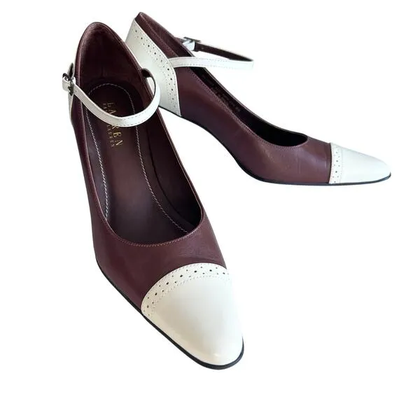 Lauren Ralph Lauren shoes women's 8 heels Mary Jane saddle brown bone Brazil