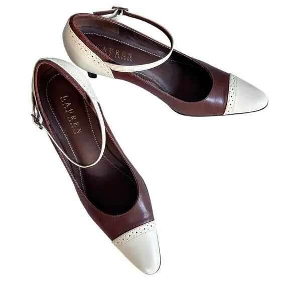 Lauren Ralph Lauren shoes women's 8 heels Mary Jane saddle brown bone Brazil