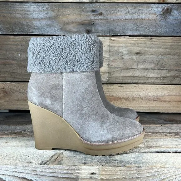 Lauren Ralph Lauren Steph Shearling-Trim Suede Bootie - Taupe - 6 - NWOB