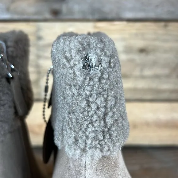 Lauren Ralph Lauren Steph Shearling-Trim Suede Bootie - Taupe - 6 - NWOB