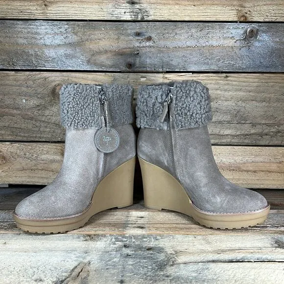 Lauren Ralph Lauren Steph Shearling-Trim Suede Bootie - Taupe - 6 - NWOB