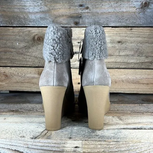 Lauren Ralph Lauren Steph Shearling-Trim Suede Bootie - Taupe - 6 - NWOB