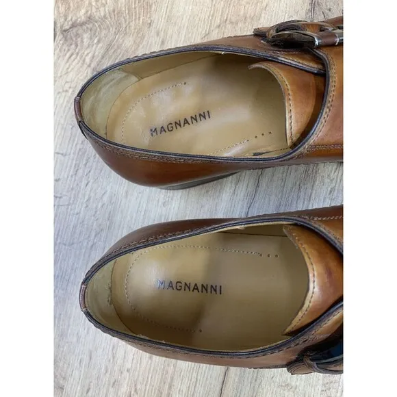 MAGNANNI 21207 Marco-II Monk Strap Mens Shoes Size 9 Calf Skin Leather Brown