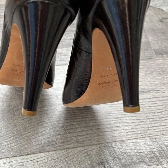 Marc by Marc Jacobs lacquered shoes high hill metallic black Italy Sz 39 USA 8