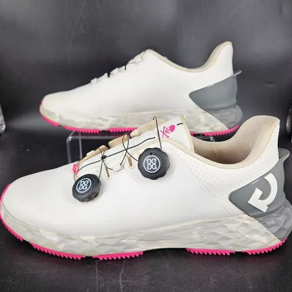 Mens G Drive Fore Golf Cleat Shoes 12 White Pink Sno Dial Cable Lace Spikeless