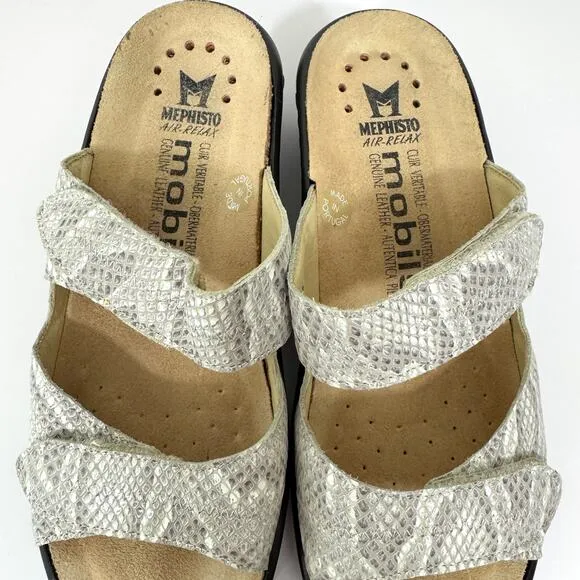 Mephisto Women Mobils Geva Sandals Sz 38 / 7.5 Strappy Leather Python Gray Cream