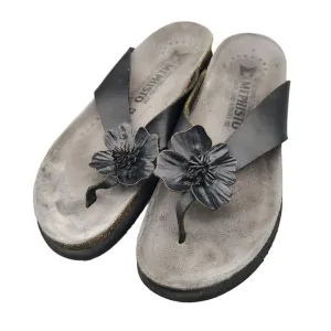 Mephisto Women sandals thong flat shoes Violette Black leather flower  US 12 42