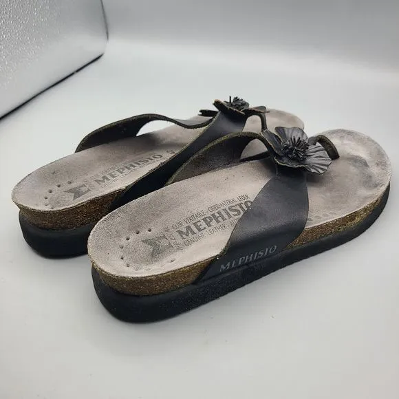 Mephisto Women sandals thong flat shoes Violette Black leather flower  US 12 42