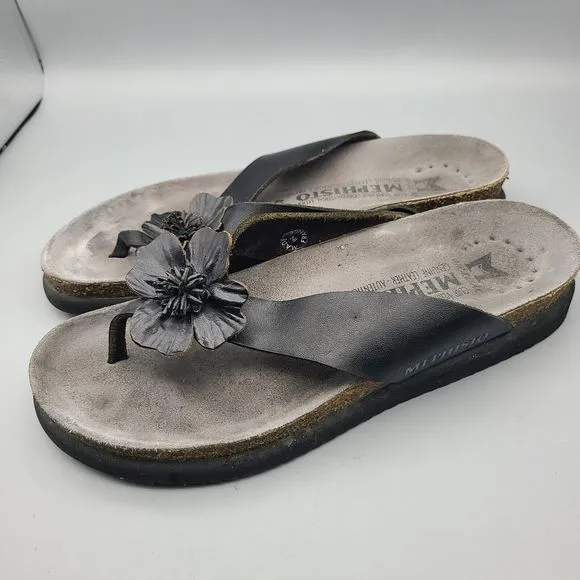Mephisto Women sandals thong flat shoes Violette Black leather flower  US 12 42