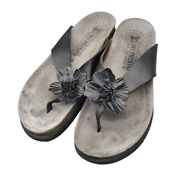 Mephisto Women sandals thong flat shoes Violette Black leather flower  US 12 42