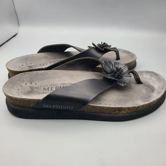 Mephisto Women sandals thong flat shoes Violette Black leather flower  US 12 42