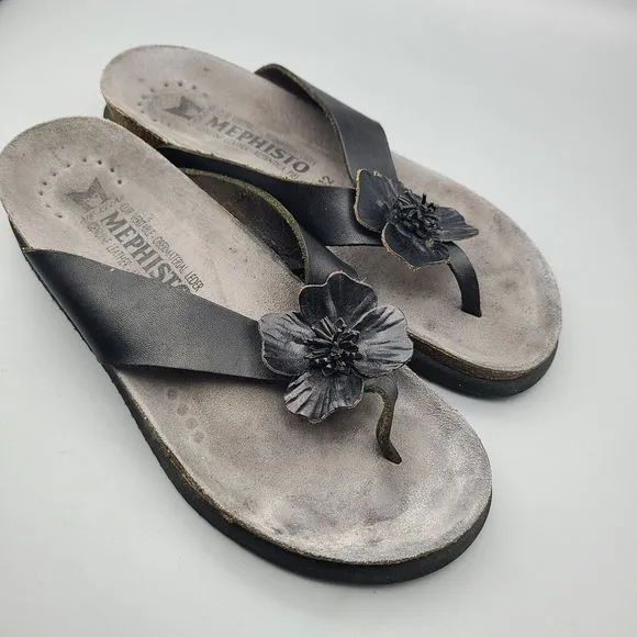Mephisto Women sandals thong flat shoes Violette Black leather flower  US 12 42