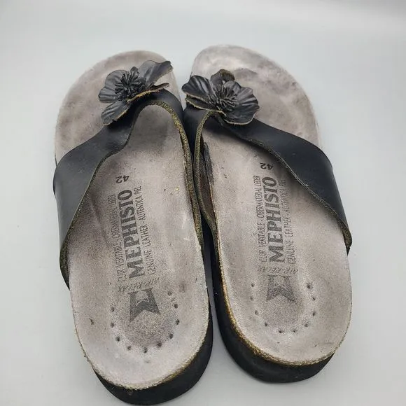 Mephisto Women sandals thong flat shoes Violette Black leather flower  US 12 42