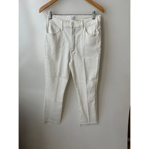 MOTHER Denim The Hustler Ankle Fray Flare Jeans White 32