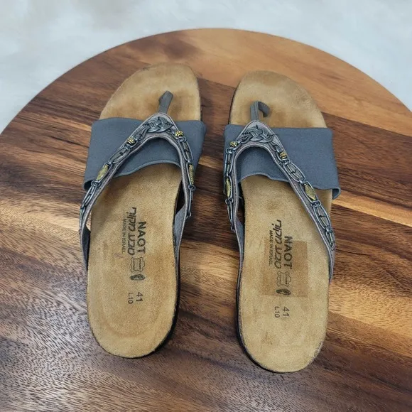 Naot Leather Gray Beaded Slide On Women's Flip Flop 41/10-10.5