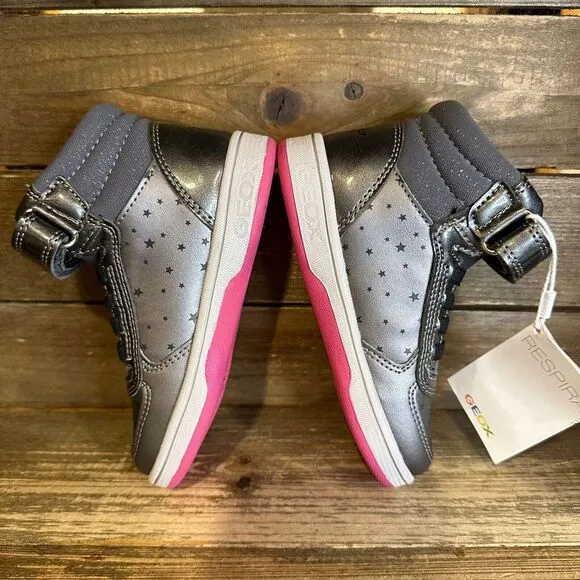 New NWOB Little Kids Geox Gray Leather High Top‎ Star Sneakers Shoes Size 8 C