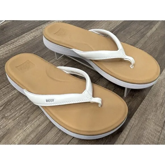 NEW REEF Women's Cushion Cloud Flip Flop Sandal 11 White/Tan puffy padded strap