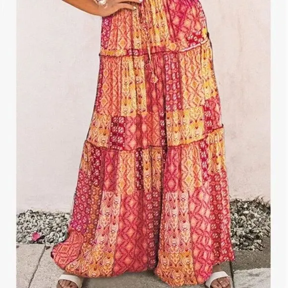 New Boho Print Elastic High Waist Pleated Ruffle Flowy Long Skirt
