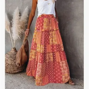 New Boho Print Elastic High Waist Pleated Ruffle Flowy Long Skirt