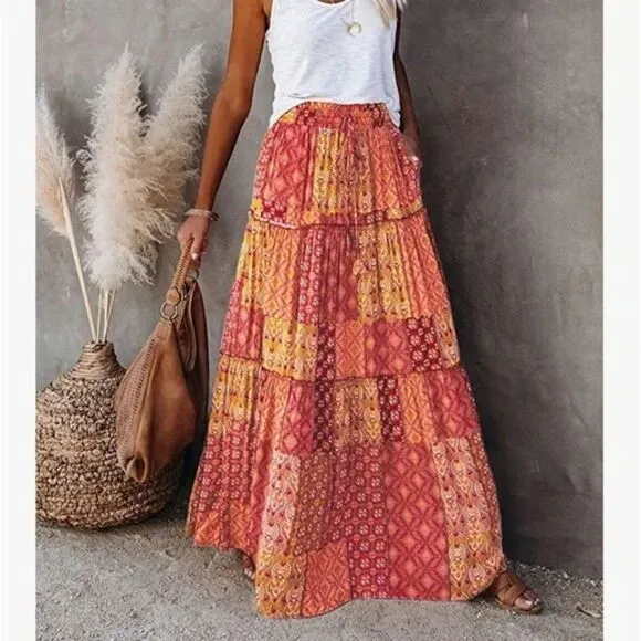 New Boho Print Elastic High Waist Pleated Ruffle Flowy Long Skirt