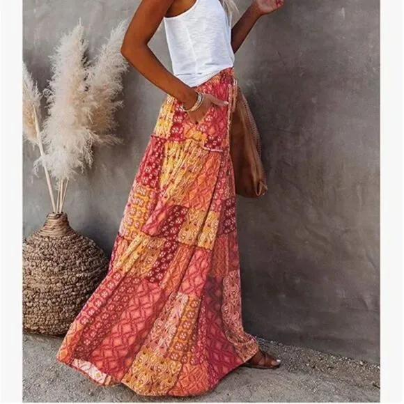 New Boho Print Elastic High Waist Pleated Ruffle Flowy Long Skirt