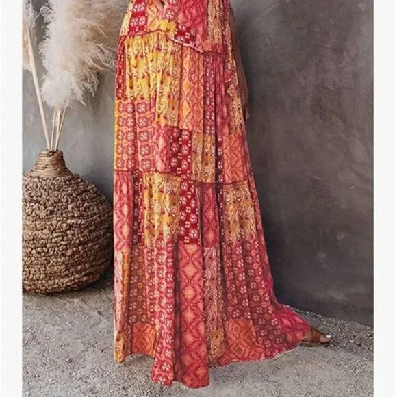 New Boho Print Elastic High Waist Pleated Ruffle Flowy Long Skirt