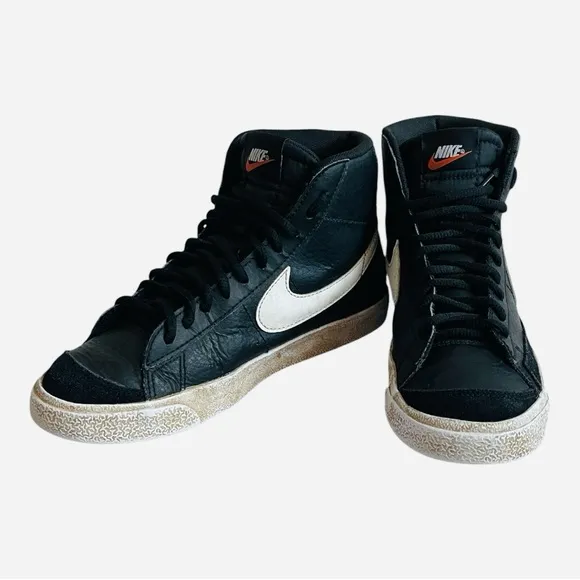 NIKE Blazer Mid 77 Black Leather High Top Sneakers Mens Lace Top Boots Shoes 5.5