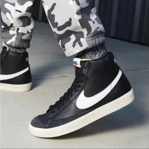 NIKE Blazer Mid 77 Black Leather High Top Sneakers Mens Lace Top Boots Shoes 5.5