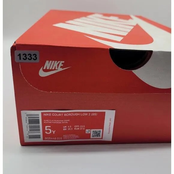 Nike Court Borough Low 2 Shoes Big Kid's Pure Platinum Pink Prime Size 5 Lace Up