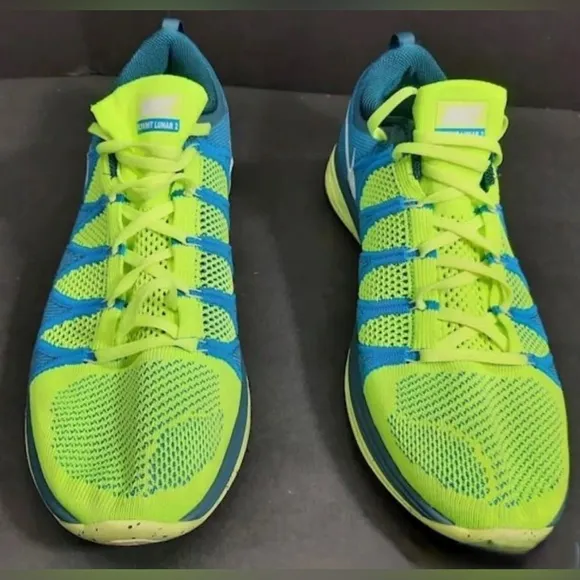 Nike Flyknit Lunar 2 Volt Running Shoes Mens 13 Blue &amp;  Green Athletic Sneakers