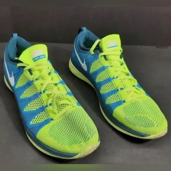 Nike Flyknit Lunar 2 Volt Running Shoes Mens 13 Blue &amp;  Green Athletic Sneakers