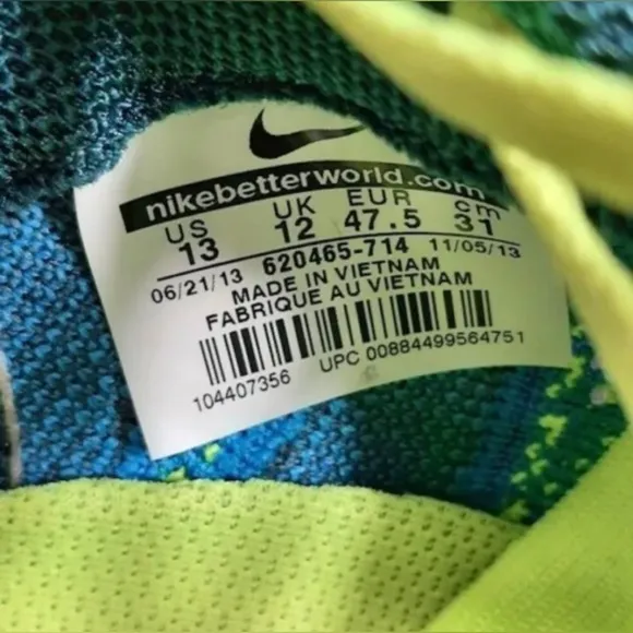 Nike Flyknit Lunar 2 Volt Running Shoes Mens 13 Blue &amp;  Green Athletic Sneakers