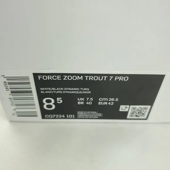 Nike Mens Force Zoom Trout 7 Pro CQ7224-101 White Lace Up Baseball Cleats Sz 8.5