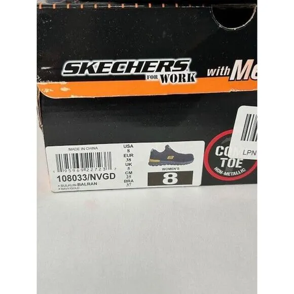 NWB Skechers Womens Bulkin-Balran Comp Toe Work Shoes Sneakers Navy Gold Size 8