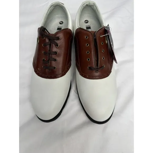 NWT Etonic Comfort Q Loc System Mens Golf Shoes White &amp; Brown Size Small 10M