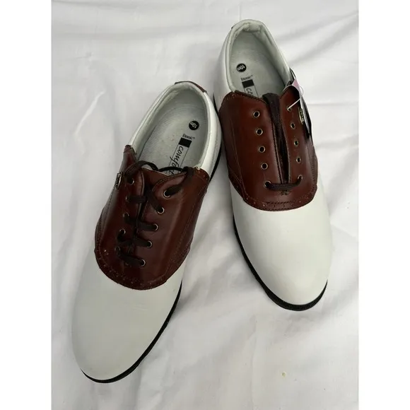 NWT Etonic Comfort Q Loc System Mens Golf Shoes White &amp; Brown Size Small 10M