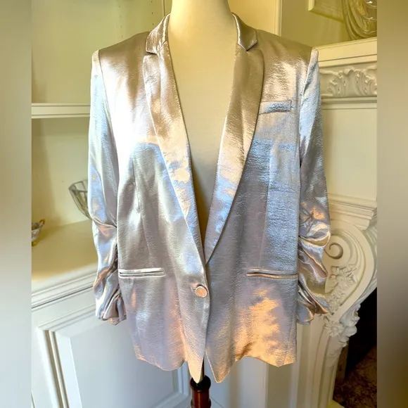 NWT Generation Love Fabien Silver shimmer satin blazer ruched sleeves size XL