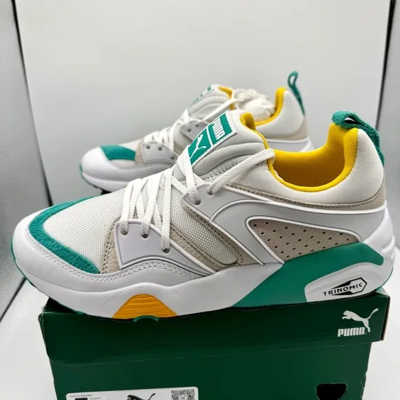 NWT Puma Blaze of Glory Retro white Sneakers Leather shoes teal accents NEW