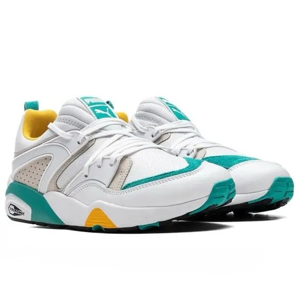 NWT Puma Blaze of Glory Retro white Sneakers Leather shoes teal accents NEW