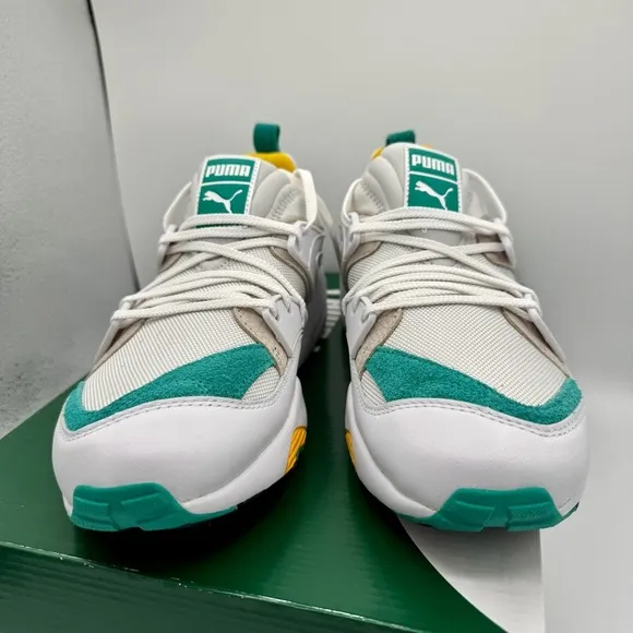 NWT Puma Blaze of Glory Retro white Sneakers Leather shoes teal accents NEW