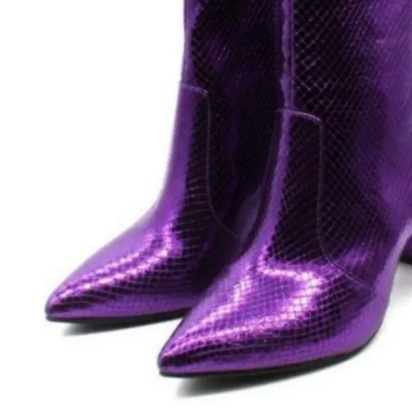NWT Purple Holographic Snake Sparkle Shimmer Leather Bootie Party Boot Bootie