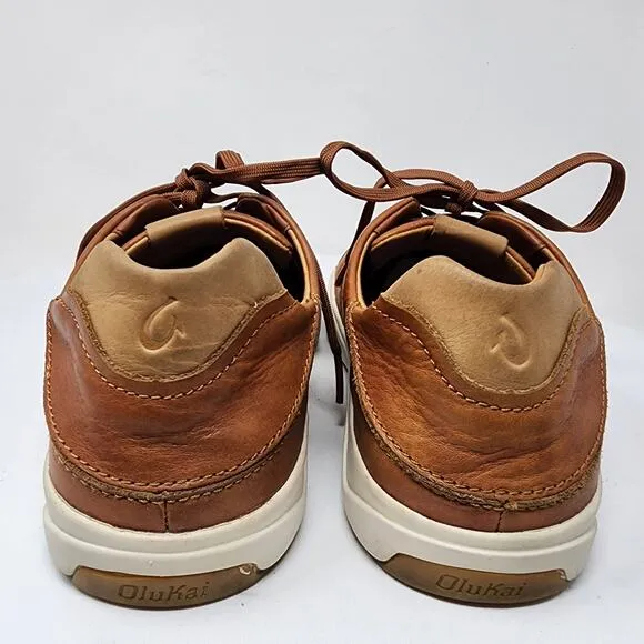 OluKai LAE' AHI LI 'ILI Sneaker Men 9.5 Brown Leather Drop In Heal Low Top 10455