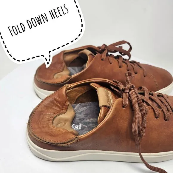 OluKai LAE' AHI LI 'ILI Sneaker Men 9.5 Brown Leather Drop In Heal Low Top 10455