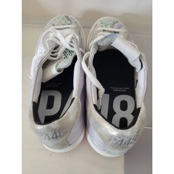 P448 John Sneaker Metallic Silver Pearl Low Top Shoes Snakeskin Sz 40, 9.5