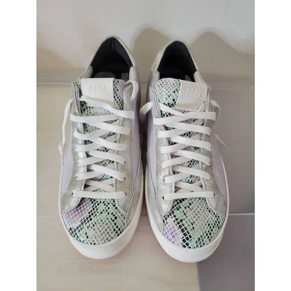 P448 John Sneaker Metallic Silver Pearl Low Top Shoes Snakeskin Sz 40, 9.5