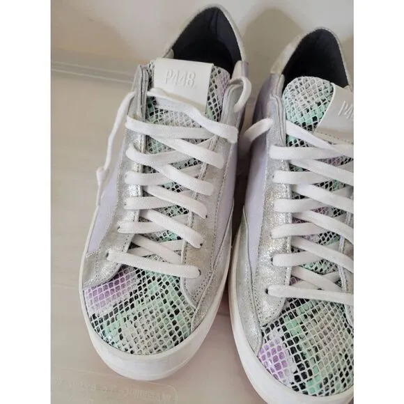P448 John Sneaker Metallic Silver Pearl Low Top Shoes Snakeskin Sz 40, 9.5