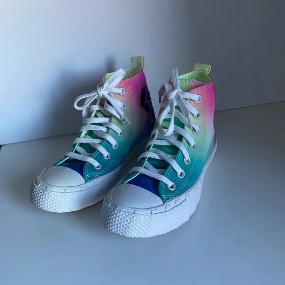 Pink and Green High-Top Sneakers with Rubber Toe Cap