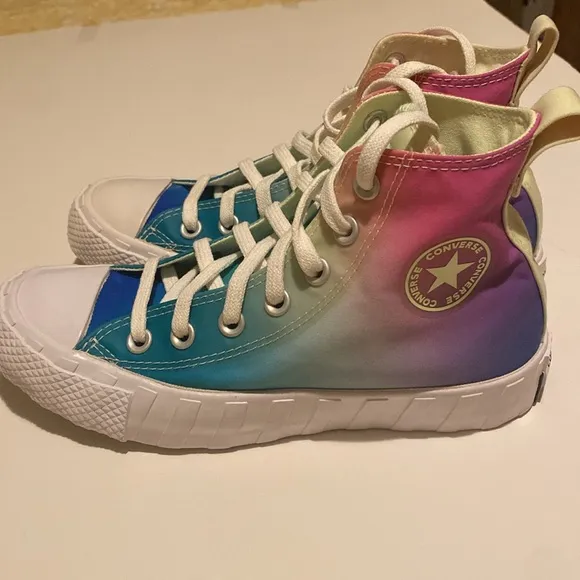 Pink and Green High-Top Sneakers with Rubber Toe Cap