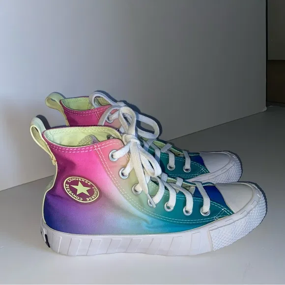 Pink and Green High-Top Sneakers with Rubber Toe Cap