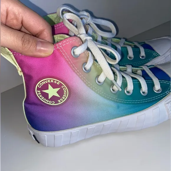 Pink and Green High-Top Sneakers with Rubber Toe Cap